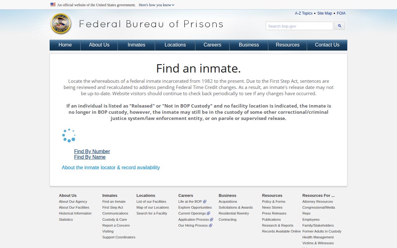 Federal Bureau of Prisons inmate locator search screen