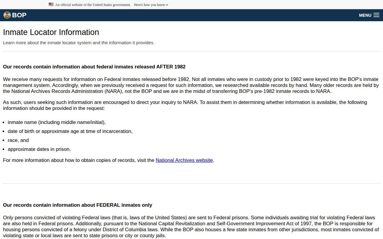Federal Bureau of Prisons page explaining inmate locator release results