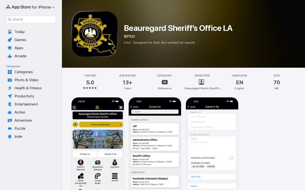 Official Beauregard Parish sheriff app listing reviewed for 24-hour release features