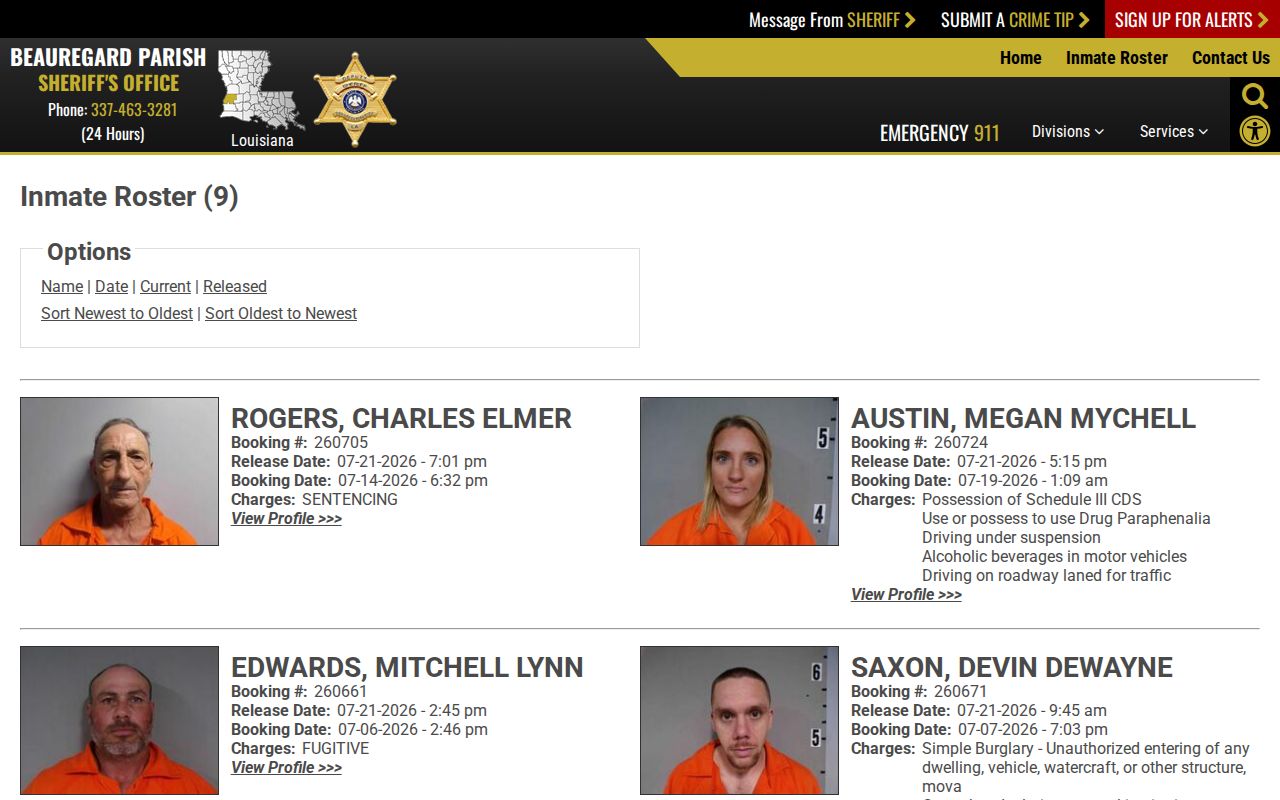 Beauregard Parish released inmate roster with booking and release record fields