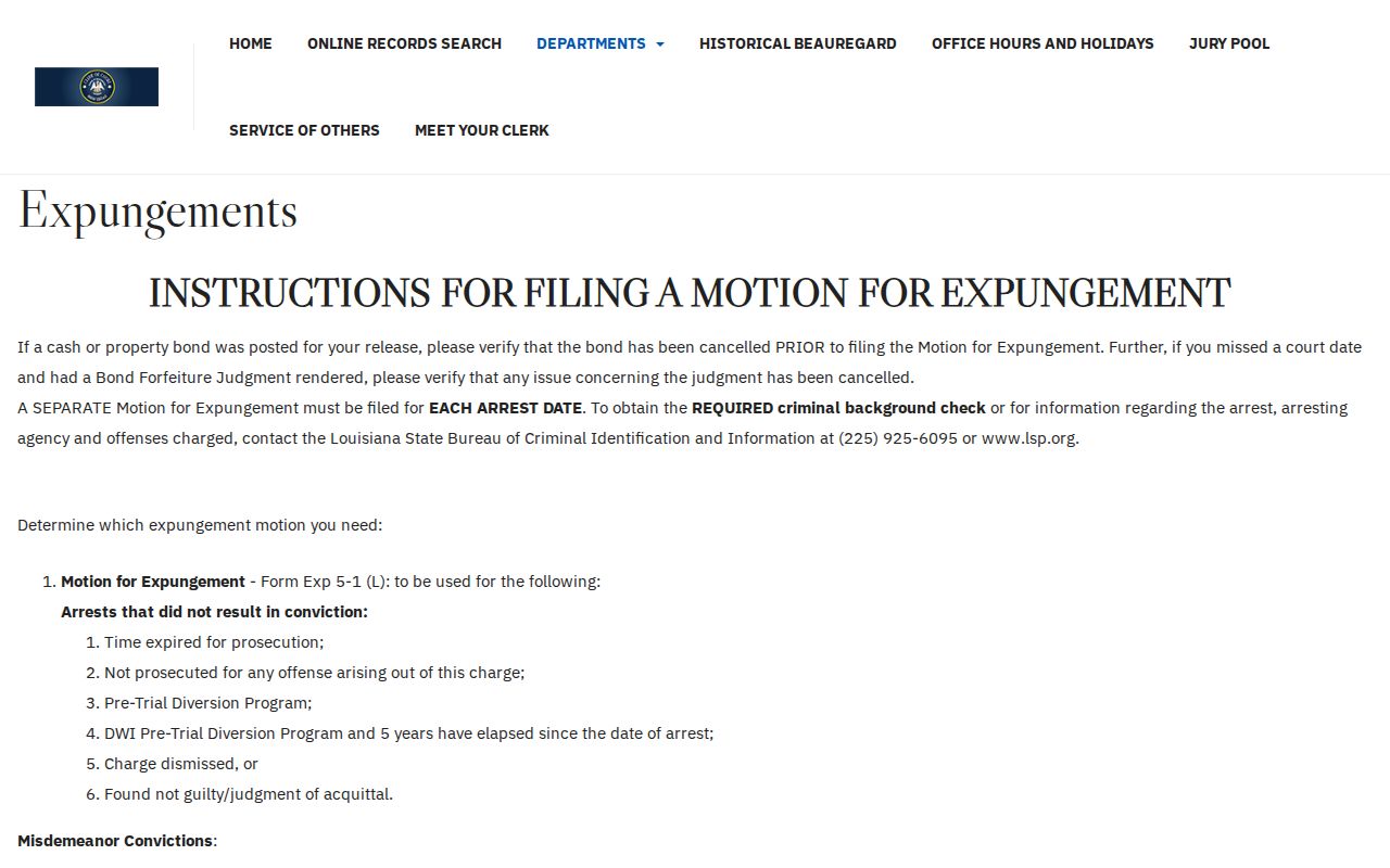 Beauregard Parish release record expungement instructions from the Clerk