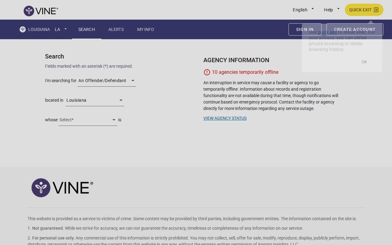 Louisiana VINELink specific person search screen